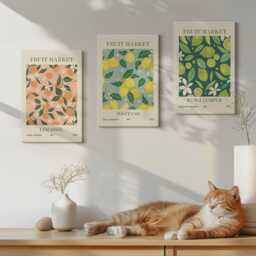 Set Of 3 Canvas Prints - Fruity Patterns With Citrus Fruits & Vintage Flowers, Green Wall Art Canvas, Food Drinks Hanging Piece - thumbnail 2