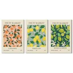 Set Of 3 Canvas Prints - Fruity Patterns With Citrus Fruits & Vintage Flowers, Green Wall Art Canvas, Food Drinks Hanging Piece - thumbnail 1