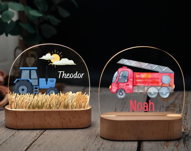 Night Light Tractor, Baby Gift Boy, Fire Brigade Lamp, Tractor Children's Room, Night Excavator, Nursing Light, Lamp - image 1