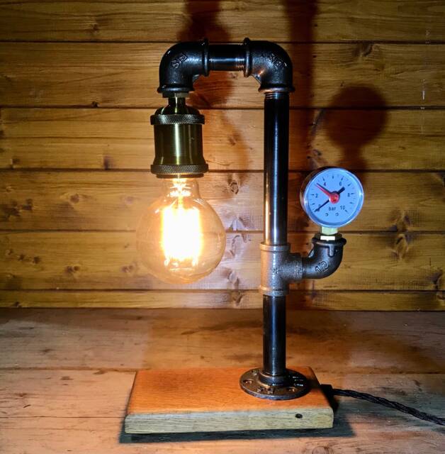 Industrial Table Lamp With Gauge, Bedside Lamp, Solid Oak Base, Upcycled Steampunk, Retro, Mancave Complete With Edison Bulb & Switch - image 1