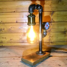 Industrial Table Lamp With Gauge, Bedside Lamp, Solid Oak Base, Upcycled Steampunk, Retro, Mancave Complete With Edison Bulb & Switch - thumbnail 2