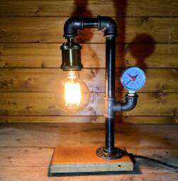 Industrial Table Lamp With Gauge, Bedside Lamp, Solid Oak Base, Upcycled Steampunk, Retro, Mancave Complete With Edison Bulb & Switch