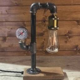 Industrial Table Lamp With Gauge, Bedside Lamp, Solid Oak Base, Upcycled Steampunk, Retro, Mancave Complete With Edison Bulb & Switch - thumbnail 3