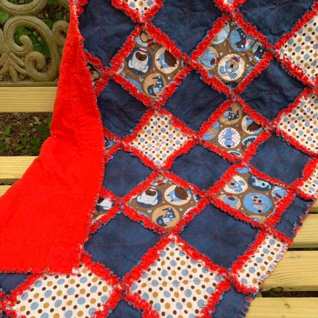 Puppy Rag Quilt - Baby Blue Brown Red Blanket Dog Personalities Polka Dots & Dogs Finished - image 1
