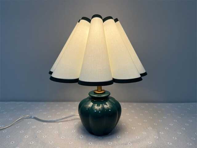Handmade Dark Green Ceramic Table Lamp Cream Fabric Shade - image 1