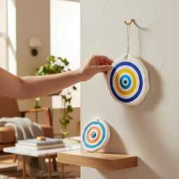 Hand-Painted Evil Eye Wall Hanging White Concrete Nazar Amulet