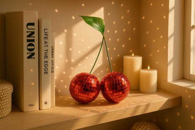 Disco Cherry Figurine Real Glass Mirror Tile, 70S Retro Decor - image 1