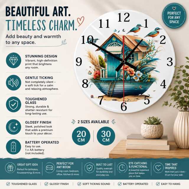 Beach Huts Glass Wall Clock Coastal Seaside Decor - image 1