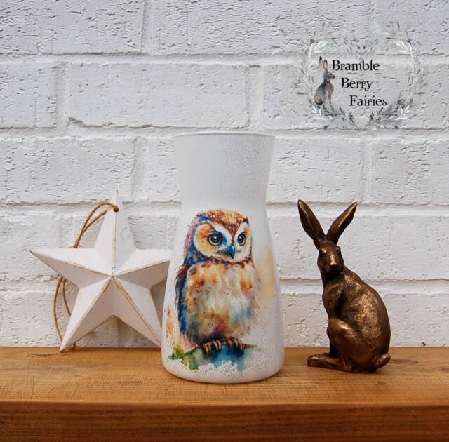 Glass Vase Beautiful Owl Watercolour Decoupaged Decorative Handmade
