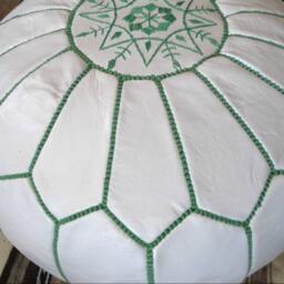 Couple Of 2 Leather Floor Pillow - Pouf hand Stitched/Embroidered W Green - thumbnail 2