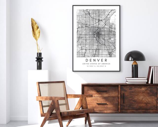 Denver Map Wall Art - Street Printable Home Decor Digital Print Gift Black & White - image 1