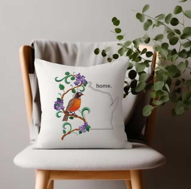 Wisconsin Robin & Wood Violet Medley. Embroidered With Feather Insert - image 1