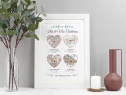 Personalised Four Heart Map Print - Wedding, Anniversary, Or Couples Gift Met, Engaged, Married Keepsake Va012 - thumbnail 1