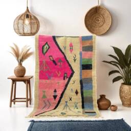 Artistic Moroccan Beni Ourain Wool Rug, Pink Beige Shag Carpet, Tufted Berber Area Rug - thumbnail 2