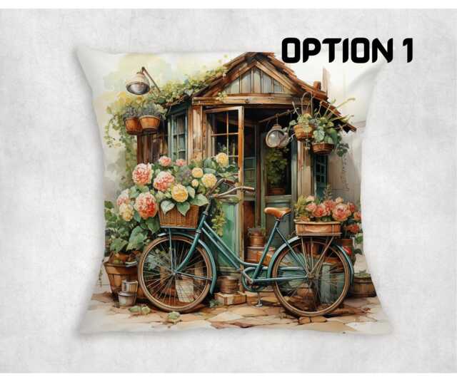 Vintage Flower Shop Canvas Cushion Cover Bicycle & Blooms Design - image 1