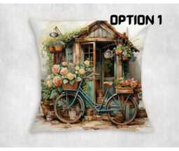 Vintage Flower Shop Canvas Cushion Cover Bicycle & Blooms Design - thumbnail 1