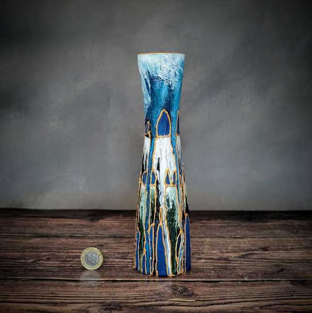 Handmade Gift - Blue Hand-Painted Glass Bud Vase Elegant Abstract Design With Gold Detail Bright Artisan Home Decor 22cm/9 - image 1
