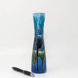 Handmade Gift - Blue Hand-Painted Glass Bud Vase Elegant Abstract Design With Gold Detail Bright Artisan Home Decor 22cm/9 - thumbnail 2
