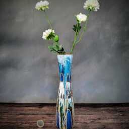 Handmade Gift - Blue Hand-Painted Glass Bud Vase Elegant Abstract Design With Gold Detail Bright Artisan Home Decor 22cm/9 - thumbnail 3