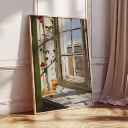 Sunlit Window Oil Painting Print - Cozy Home Decor, Still Life Wall Art, Warm Rustic Interior Poster - thumbnail 2