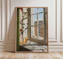 Sunlit Window Oil Painting Print - Cozy Home Decor, Still Life Wall Art, Warm Rustic Interior Poster - thumbnail 1
