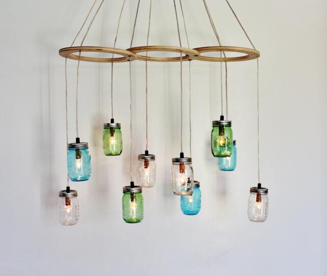 Mason Jar Chandelier, Kitchen Island Dining Table Pendant Lights, Large Hanging Lighting Fixture, Clear Blue & Green Jars, Bulbs Included - image 1