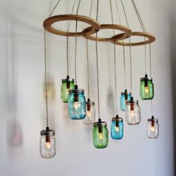 Mason Jar Chandelier, Kitchen Island Dining Table Pendant Lights, Large Hanging Lighting Fixture, Clear Blue & Green Jars, Bulbs Included - thumbnail 3