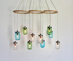 Mason Jar Chandelier, Kitchen Island Dining Table Pendant Lights, Large Hanging Lighting Fixture, Clear Blue & Green Jars, Bulbs Included - thumbnail 1