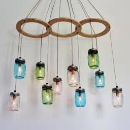 Mason Jar Chandelier, Kitchen Island Dining Table Pendant Lights, Large Hanging Lighting Fixture, Clear Blue & Green Jars, Bulbs Included - thumbnail 2