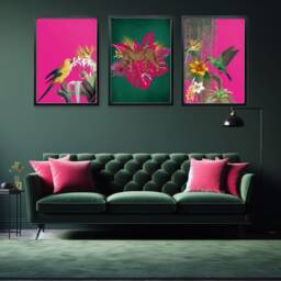 Tropical Maximalist Set Of 3 Prints - Jungle Wall Art Emerald Green Leopard & Hot Pink Exotic Bird Artwork