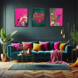 Tropical Maximalist Set Of 3 Prints - Jungle Wall Art Emerald Green Leopard & Hot Pink Exotic Bird Artwork - thumbnail 2