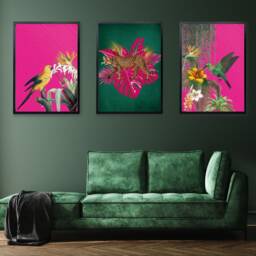 Tropical Maximalist Set Of 3 Prints - Jungle Wall Art Emerald Green Leopard & Hot Pink Exotic Bird Artwork - thumbnail 3