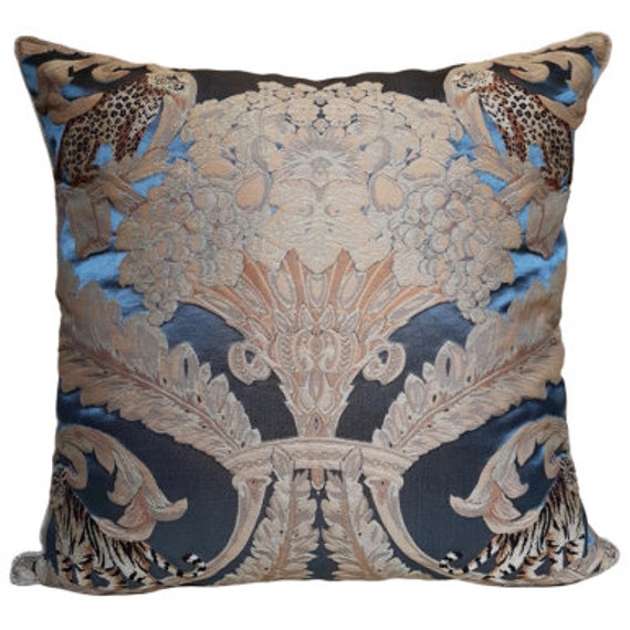 Throw Pillow Cushion Cover Blue Silk Damask Rubelli Fabric Sandokan Pattern - Handmade in Italy - image 1
