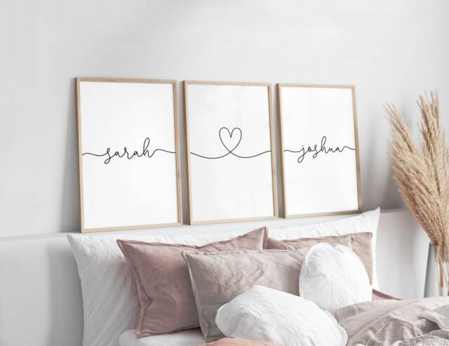 Couples Name Love Heart Prints, Personalised Print, Set Of 3, Bedroom Home Wall Art, Husband, Wife, Custom, Anniversary Gift - image 1