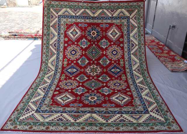 5'6x8 Ft Red Kazak Area Rug, Turkmen Hand Knotted Wool Afghan Caucasian Geometric Tribal Bedroom Living Room Carpet - image 1