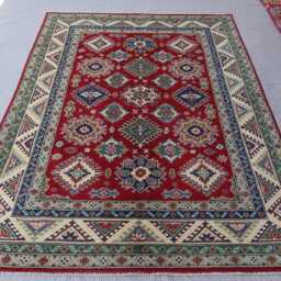 5'6x8 Ft Red Kazak Area Rug, Turkmen Hand Knotted Wool Afghan Caucasian Geometric Tribal Bedroom Living Room Carpet - thumbnail 3
