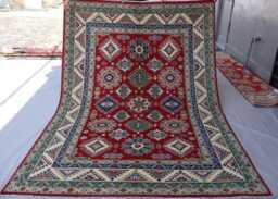 5'6x8 Ft Red Kazak Area Rug, Turkmen Hand Knotted Wool Afghan Caucasian Geometric Tribal Bedroom Living Room Carpet - thumbnail 1