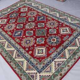 5'6x8 Ft Red Kazak Area Rug, Turkmen Hand Knotted Wool Afghan Caucasian Geometric Tribal Bedroom Living Room Carpet - thumbnail 2