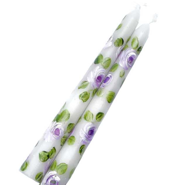 Hand Painted Lavender Rose Short Taper Candles Shabby Chic Floral Decor - image 1