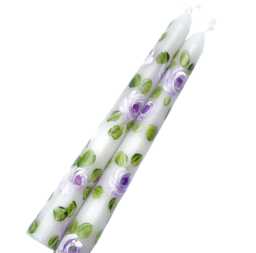 Hand Painted Lavender Rose Short Taper Candles Shabby Chic Floral Decor - thumbnail 1