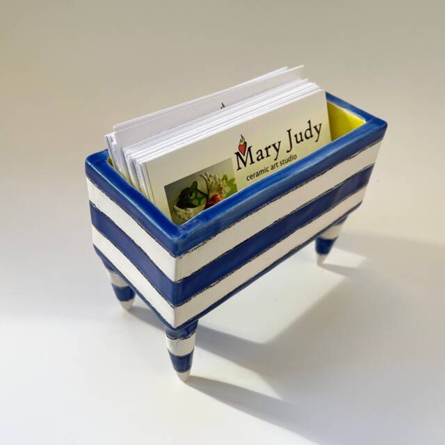 Business Card Holder Pottery Dish Navy Blue & White Stripes With Tall Legs - image 1