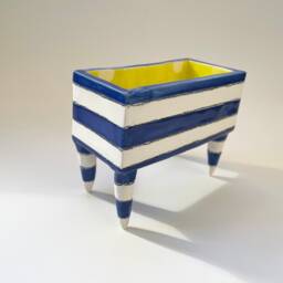 Business Card Holder Pottery Dish Navy Blue & White Stripes With Tall Legs - thumbnail 2
