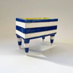 Business Card Holder Pottery Dish Navy Blue & White Stripes With Tall Legs - thumbnail 4