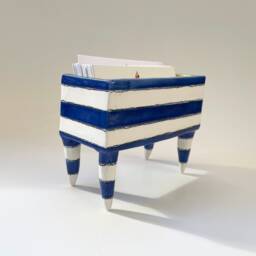 Business Card Holder Pottery Dish Navy Blue & White Stripes With Tall Legs - thumbnail 3