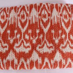 Orange Ikat Kantha Quilt Hand Block Print Cotton Bed Cover - 90x108 Inch - thumbnail 2
