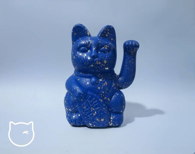 Blue/Gold Speckle Lucky Cat Hand Painted Maneki Neko - 7 Inch - image 1