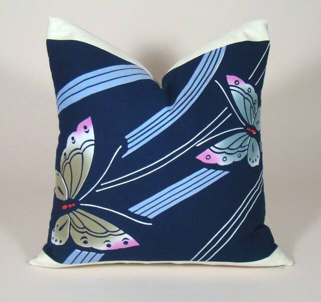 Indigo Butterfly Pillow Cover Upcycled Japanese Yukata Kimono - image 1