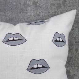 Lips Linen Throw Pillow Cover/Gray White Black Retro Neutral Decorative Cushion 60S Bedding Accent Block Printed Home Decor Hand Painted - thumbnail 2