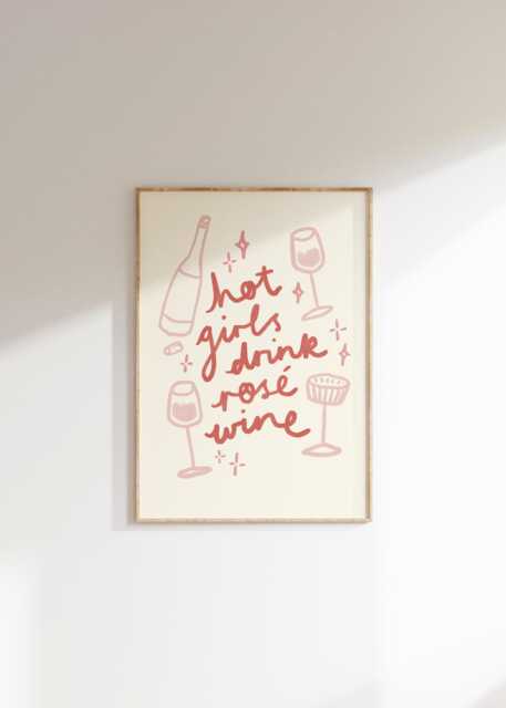 Hot Girls Drink Rose Wine Wall Print - Vino Art Lovers Gift Idea Themed Home Decor Chicken Lover, Summer Drinks - image 1