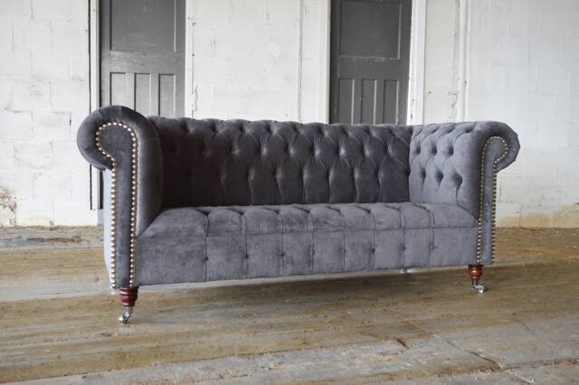 British Handmade Grey Velvet 3 Seater Chesterfield Sofa - image 1